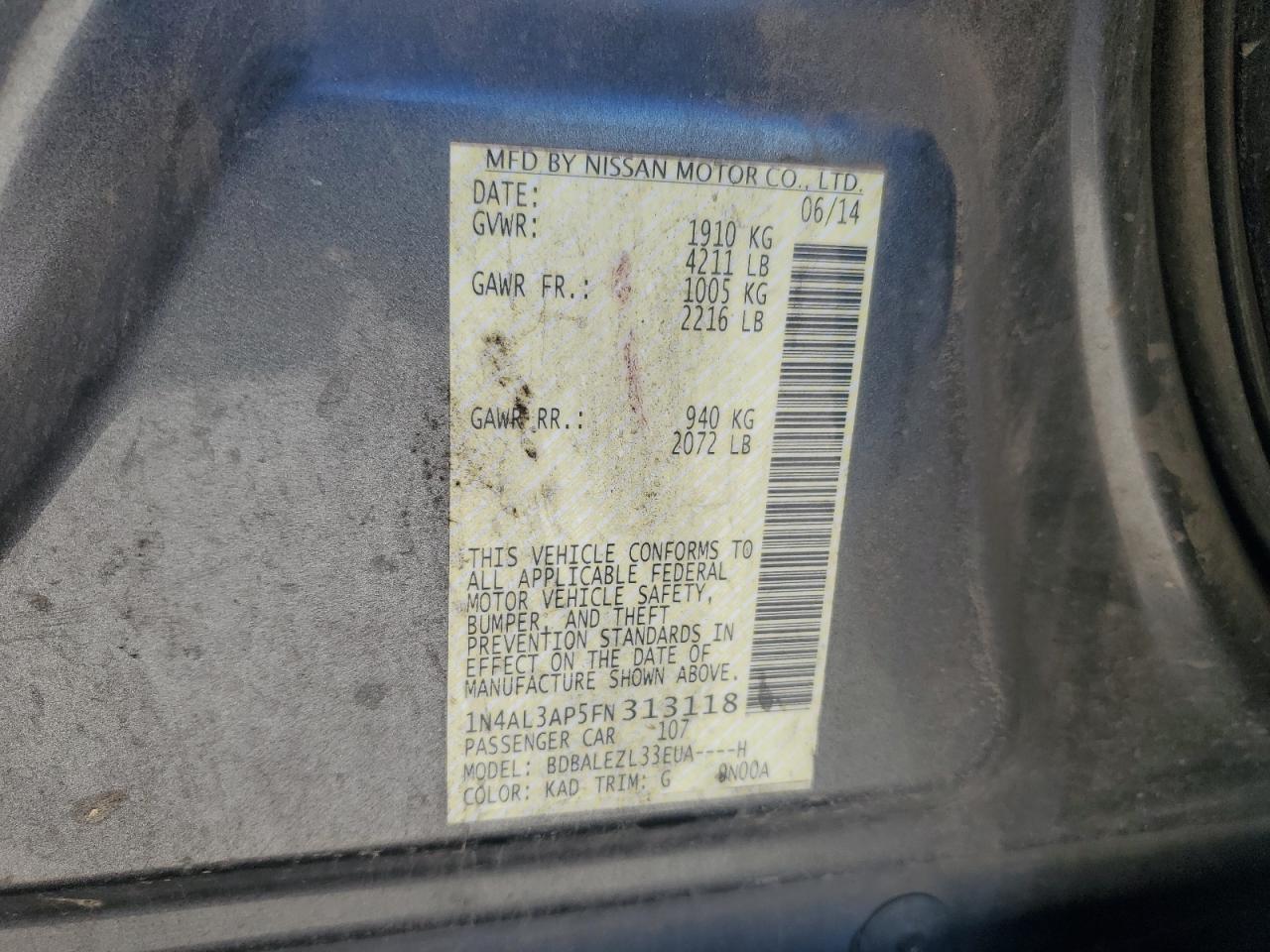 2015 Nissan Altima VIN 1N4AL3AP5FN313118 Copart auction photo, front end / side damage thumbnail 12