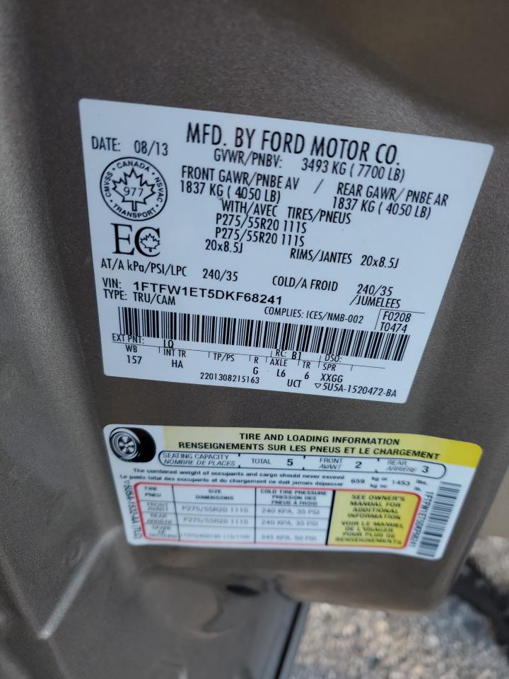 2013 Ford F-150 VIN 1FTFW1ET5DKF68241 Copart auction photo, rear end / undercarriage damage thumbnail 14