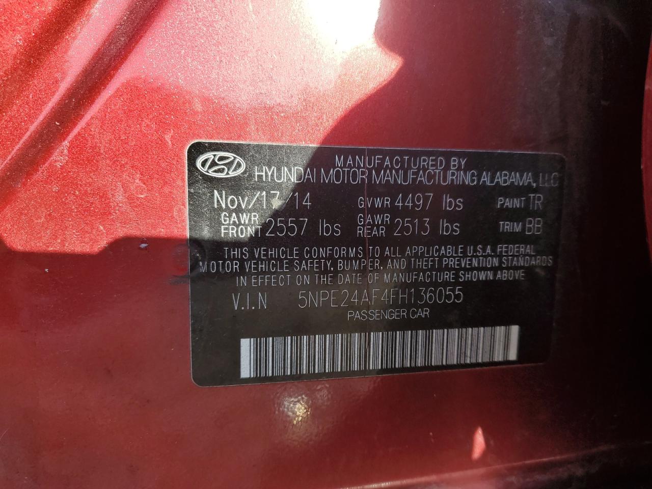 2015 Hyundai Sonata VIN 5NPE24AF4FH136055 Copart auction photo, front end damage thumbnail 14