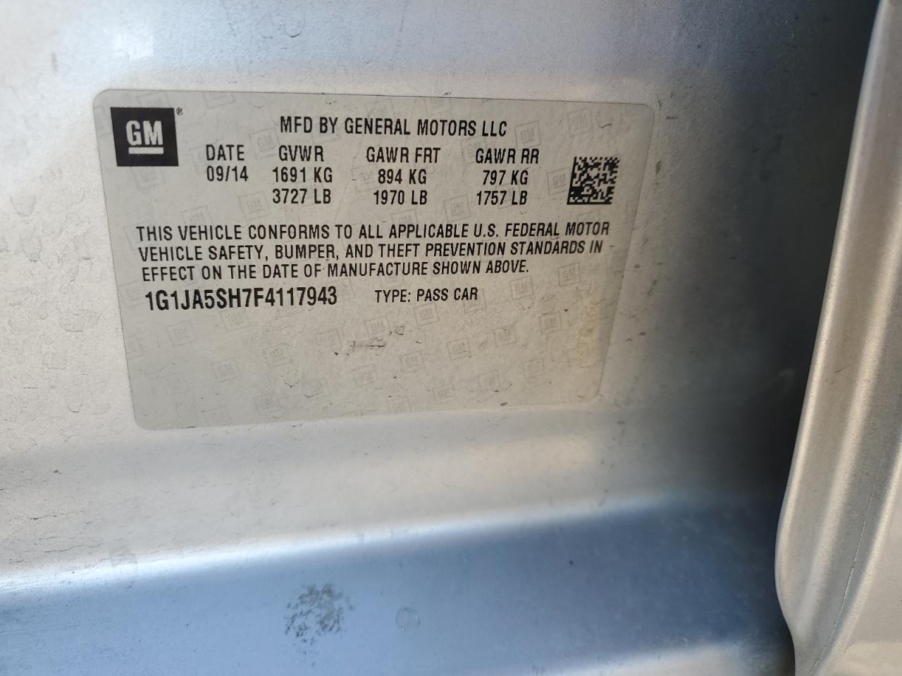 2015 Chevrolet Sonic VIN 1G1JA5SH7F4117943 Copart auction photo, all over damage thumbnail 14
