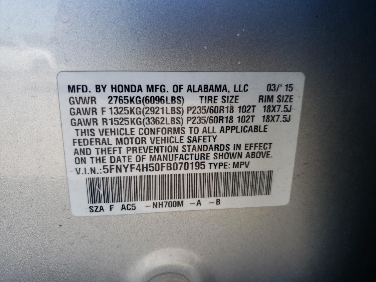2015 Honda Pilot VIN 5FNYF4H50FB070195 Copart auction photo, front end damage thumbnail 13