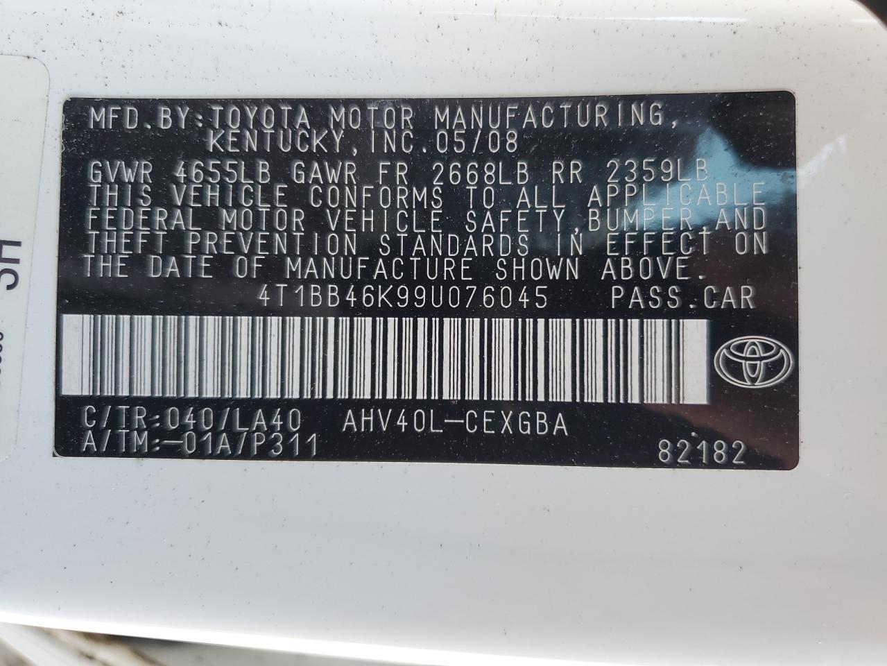 2009 Toyota Camry VIN 4T1BB46K99U076045 Copart auction photo, water/flood damage thumbnail 13