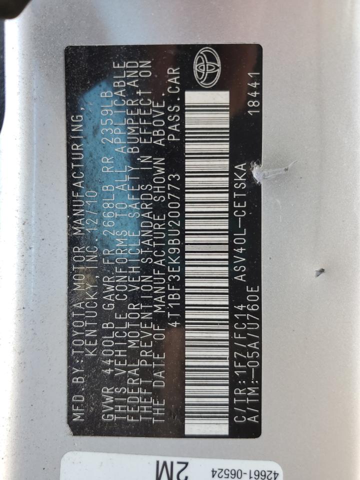 2011 Toyota Camry VIN 4T1BF3EK9BU200773 Copart auction photo, front end / rear end damage thumbnail 14