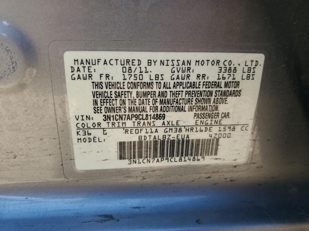 2012 Nissan Versa VIN 3N1CN7AP9CL814869 Copart auction photo, front end damage thumbnail 12
