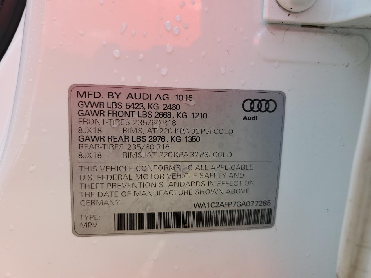 2016 Audi Q5 VIN WA1C2AFP7GA077285 Copart auction photo, water/flood damage thumbnail 14