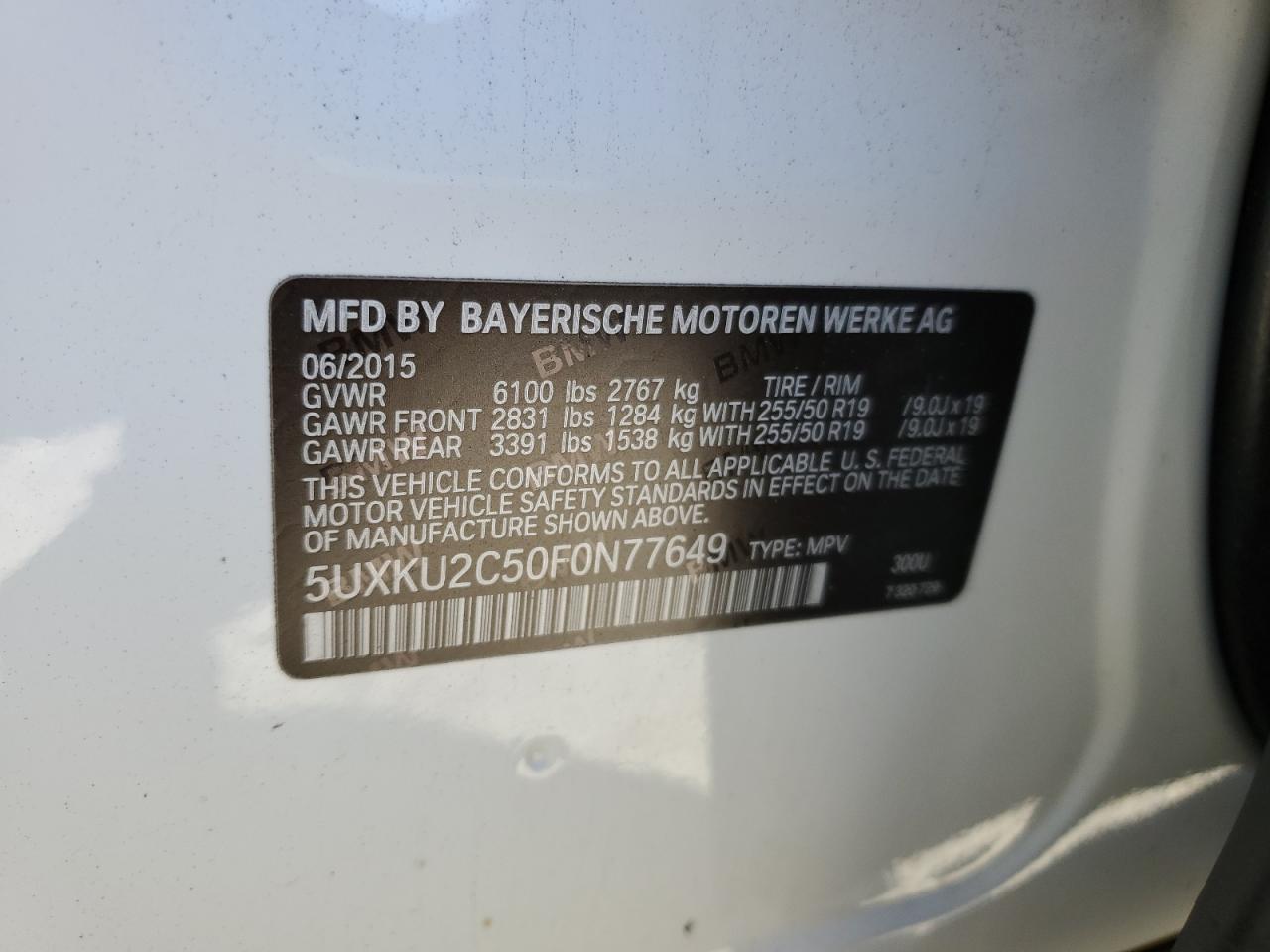 2015 BMW X6 VIN 5UXKU2C50F0N77649 Copart auction photo, side damage thumbnail 14