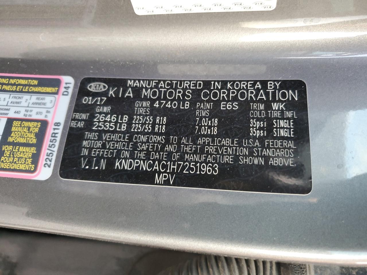2017 KIA Sportage VIN KNDPNCAC1H7251963 Copart auction photo, front end / hail damage thumbnail 14