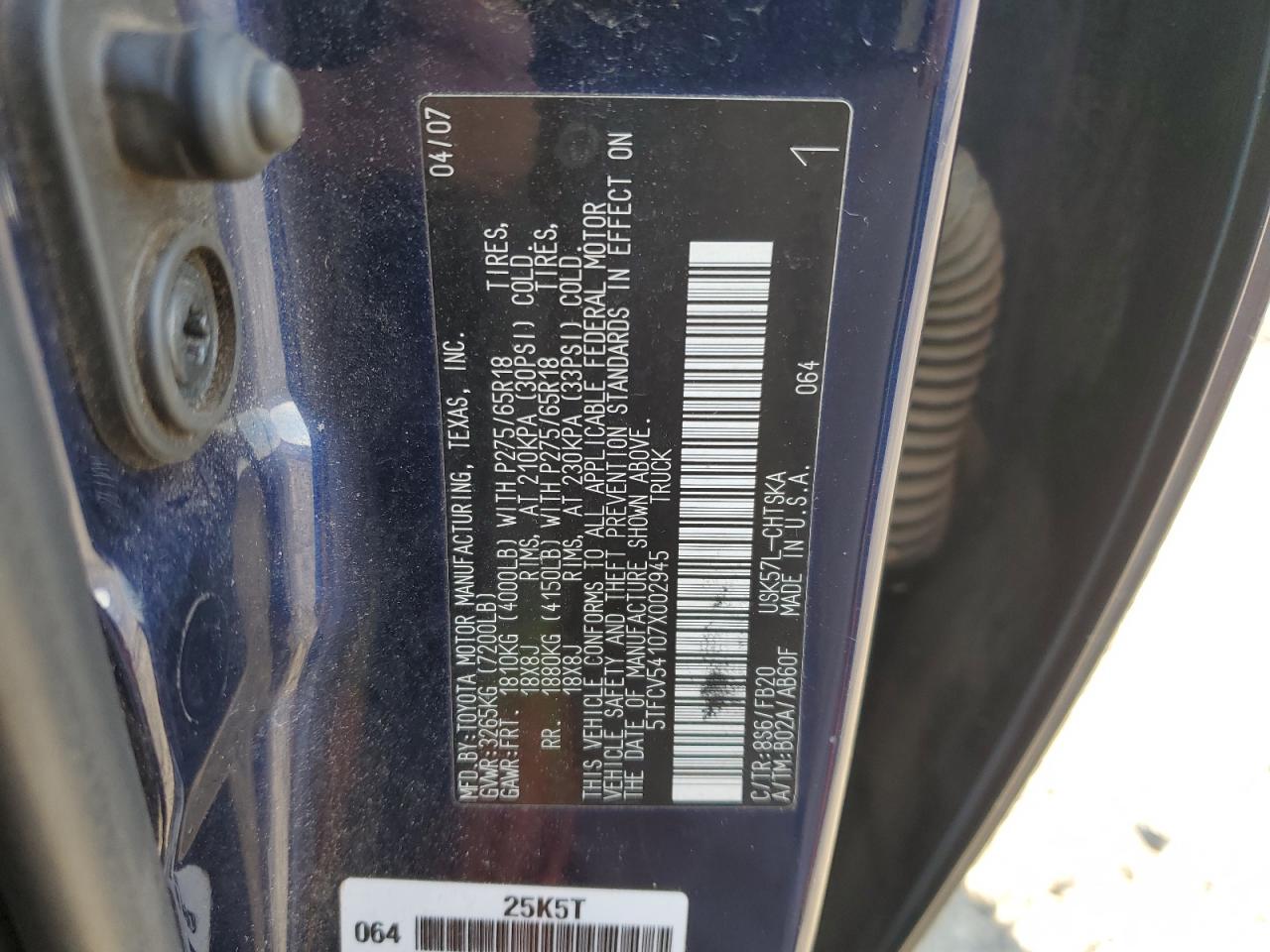 2007 Toyota Tundra VIN 5TFCV54107X002945 Copart auction photo, side / front end damage thumbnail 12