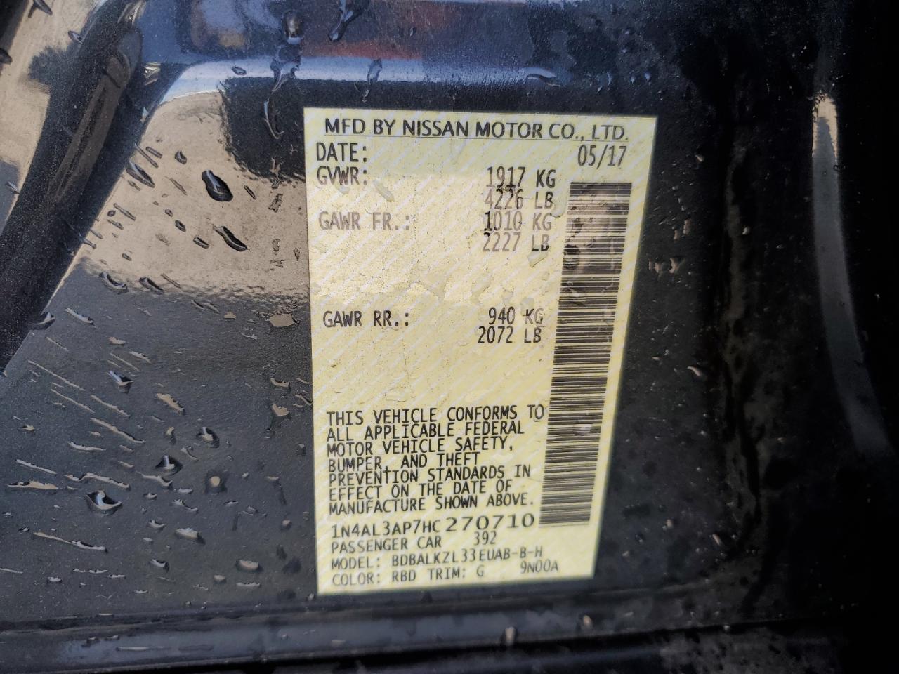 2017 Nissan Altima VIN 1N4AL3AP7HC270710 Copart auction photo, front end damage thumbnail 13