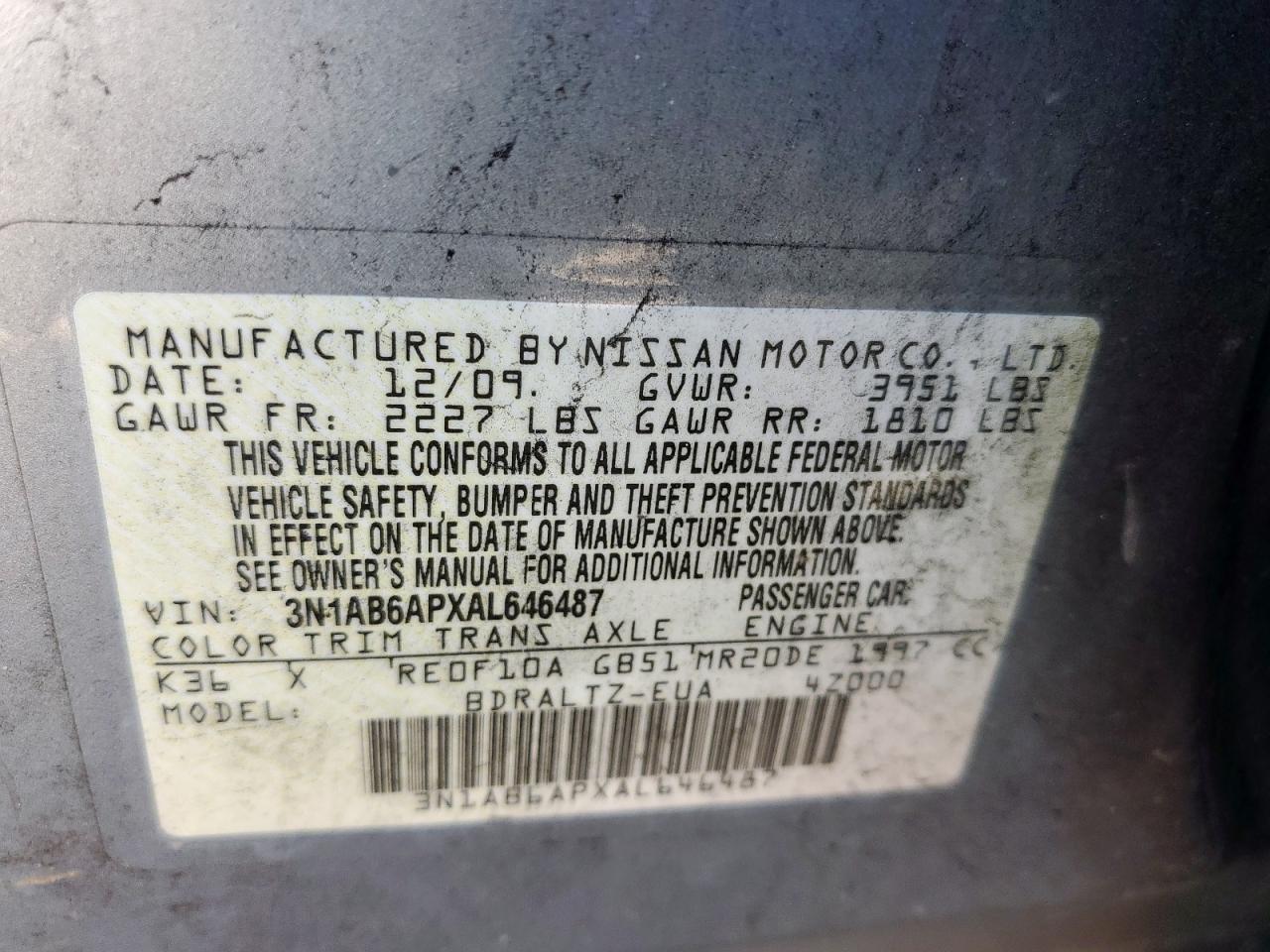 2010 Nissan Sentra VIN 3N1AB6APXAL646487 Copart auction photo, front end / minor dent/scratches damage thumbnail 12