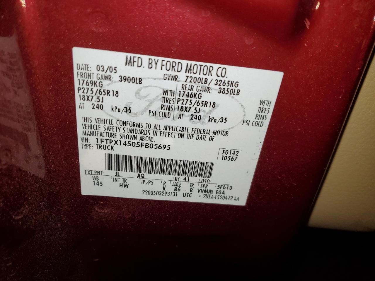 2005 Ford F-150 VIN 1FTPX14505FB05695 Copart auction photo, front end / rear end damage thumbnail 12
