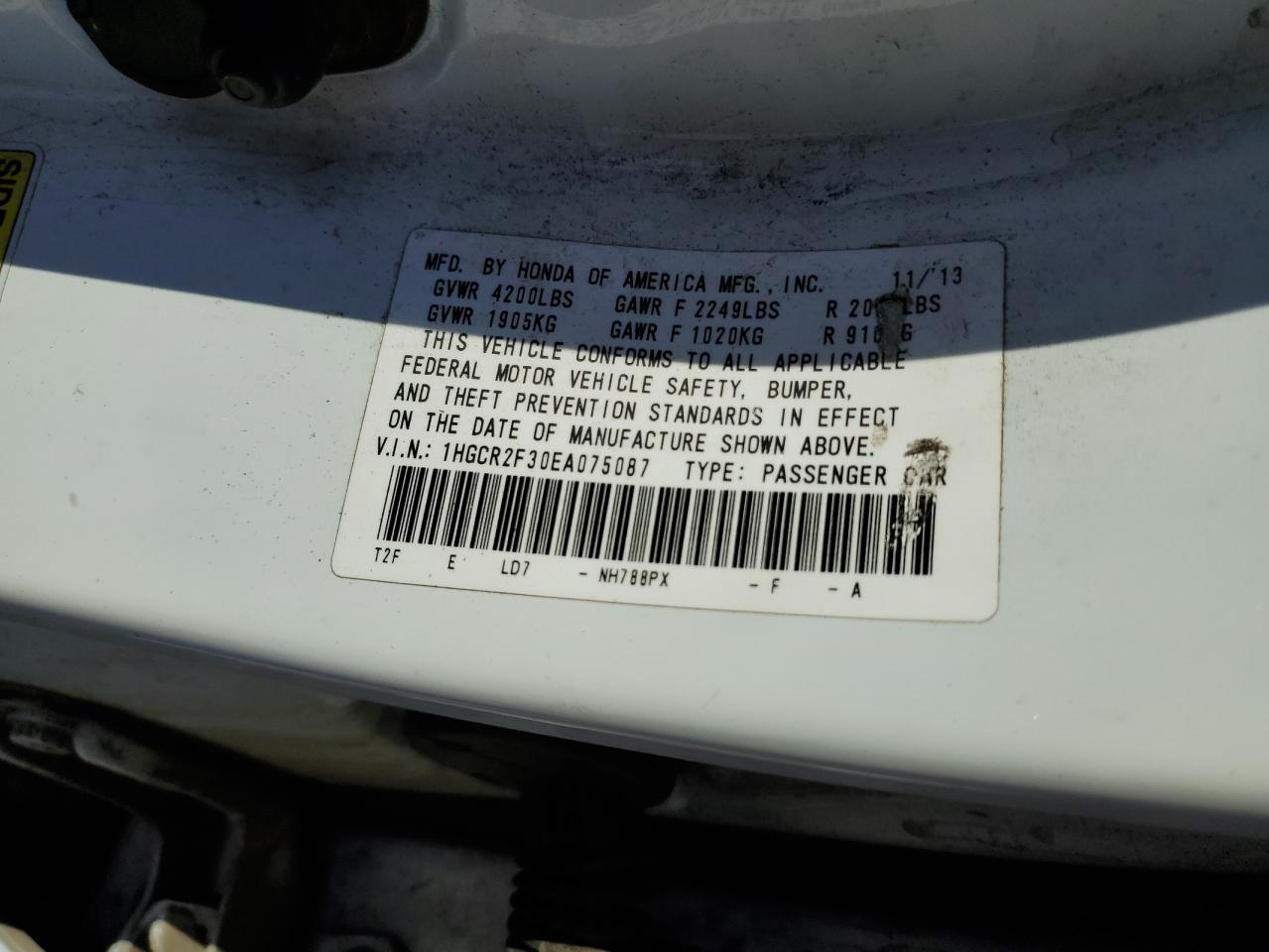 2014 Honda Accord VIN 1HGCR2F30EA075087 Copart auction photo, front end damage thumbnail 15