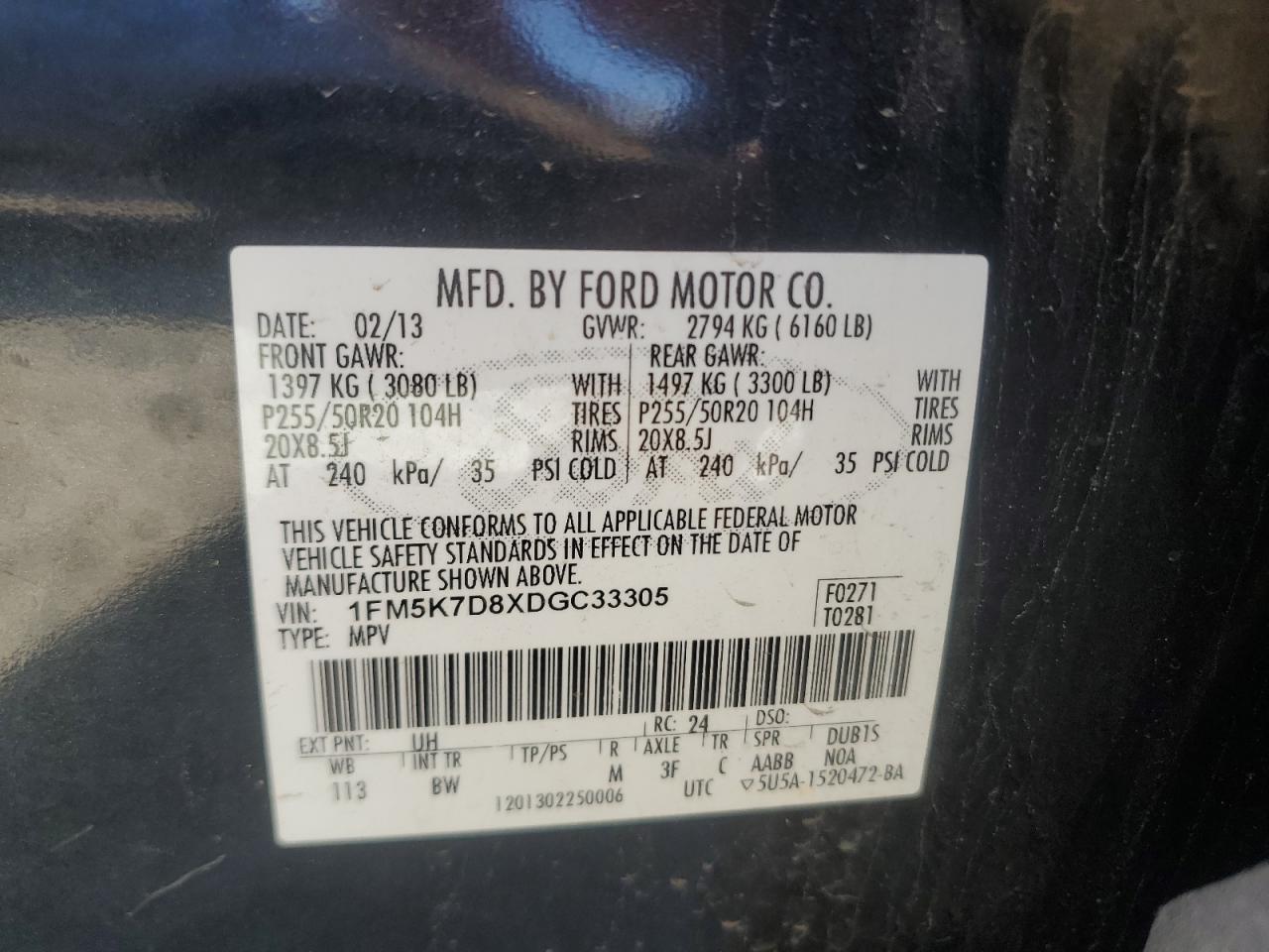 2013 Ford Explorer VIN 1FM5K7D8XDGC33305 Copart auction photo, front end damage thumbnail 13