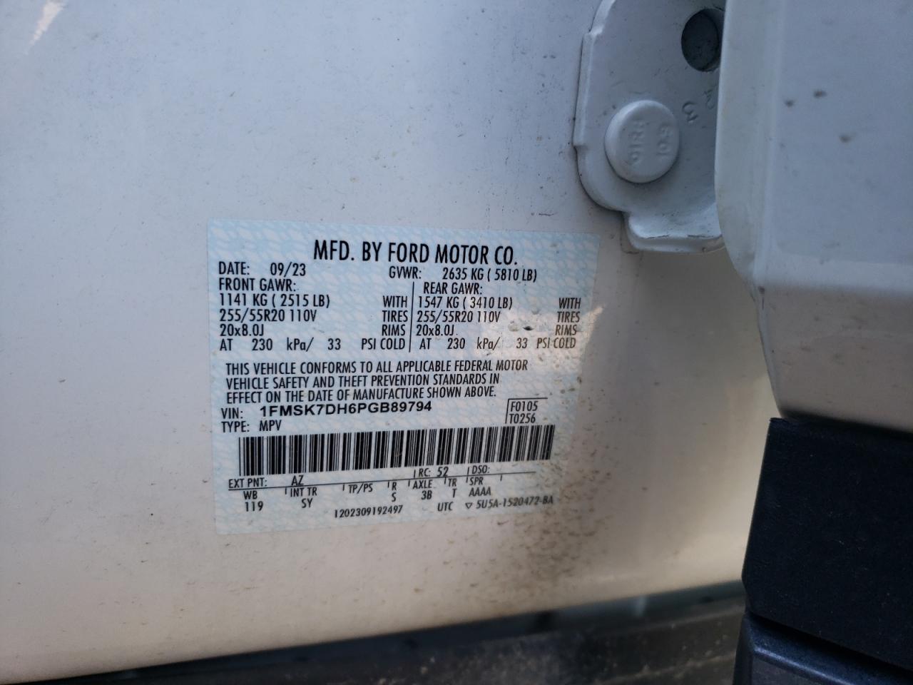 2023 Ford Explorer VIN 1FMSK7DH6PGB89794 Copart auction photo, side damage thumbnail 15