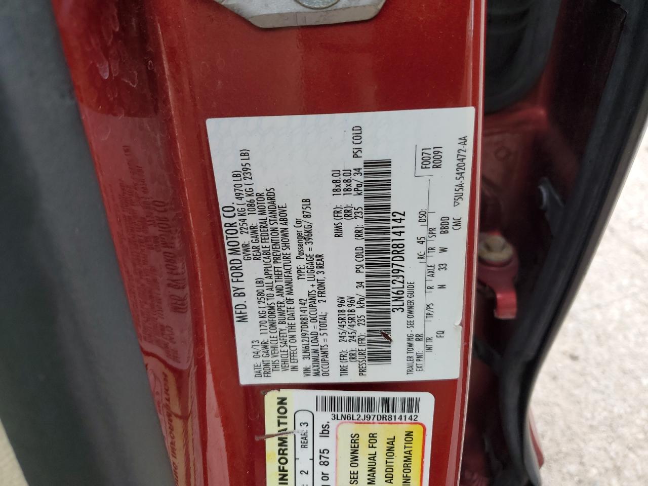 2013 Lincoln MKZ VIN 3LN6L2J97DR814142 Copart auction photo, rear end / side damage thumbnail 12