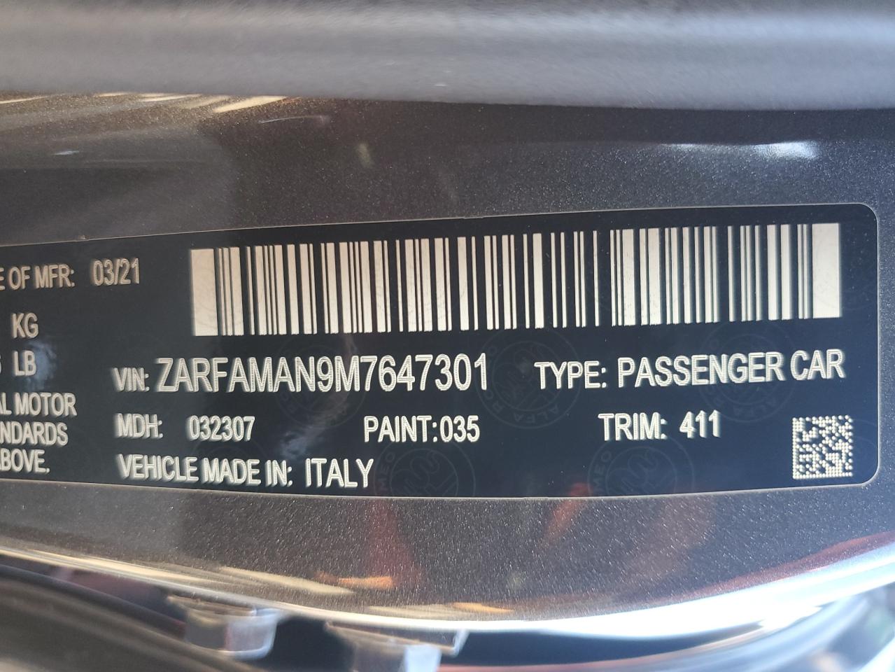 2021 Alfa Romeo Giulia VIN ZARFAMAN9M7647301 Copart auction photo, front end damage thumbnail 14