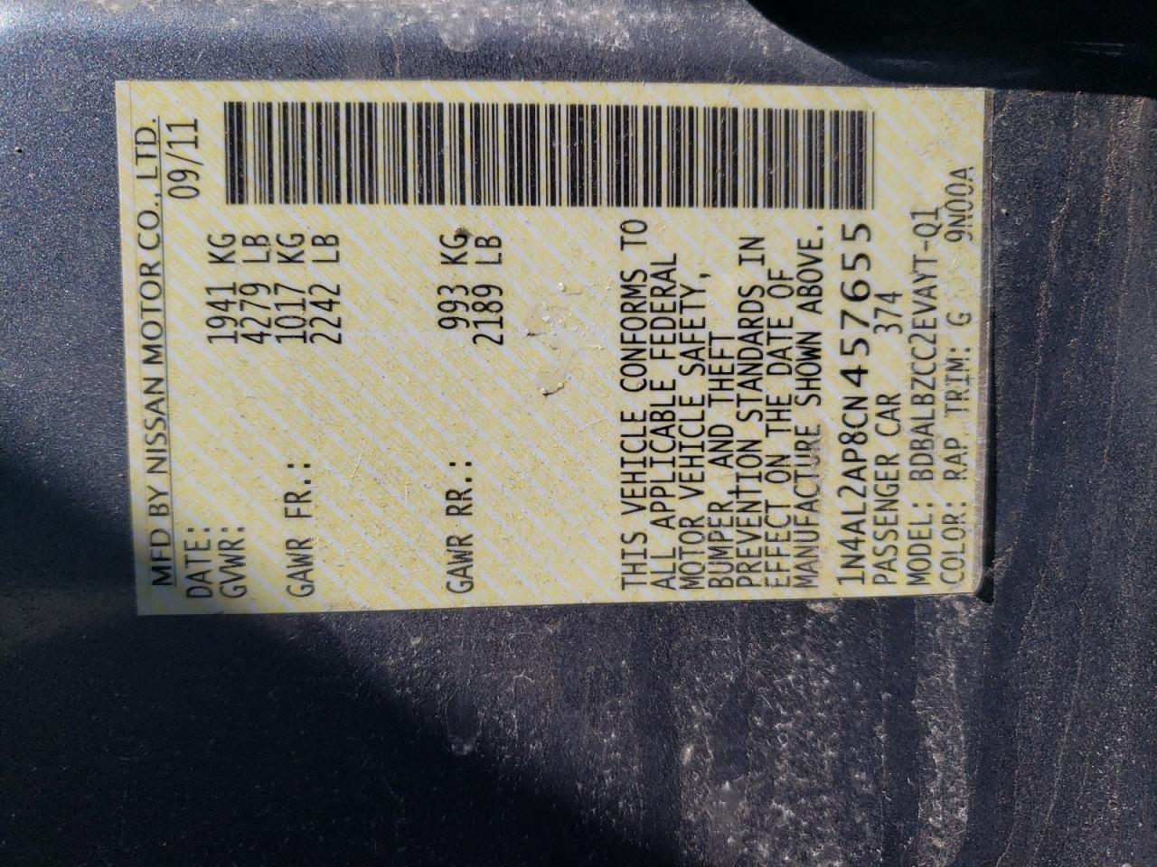 2012 Nissan Altima VIN 1N4AL2AP8CN457655 Copart auction photo, front end / undercarriage damage thumbnail 13