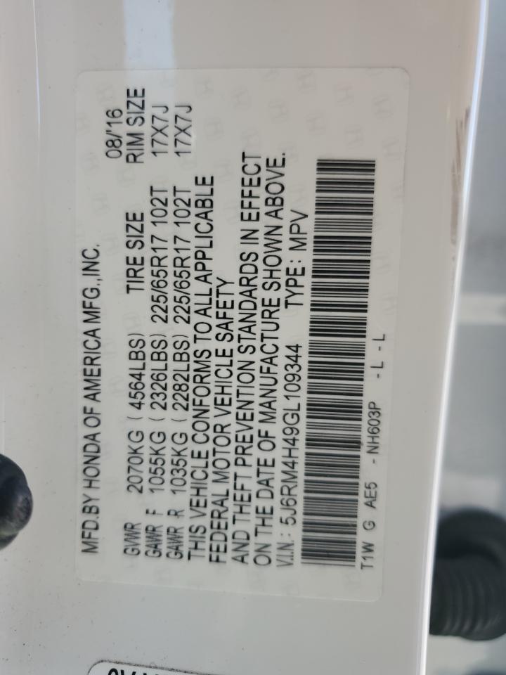 2016 Honda CR-V VIN 5J6RM4H49GL109344 Copart auction photo, front end damage thumbnail 16