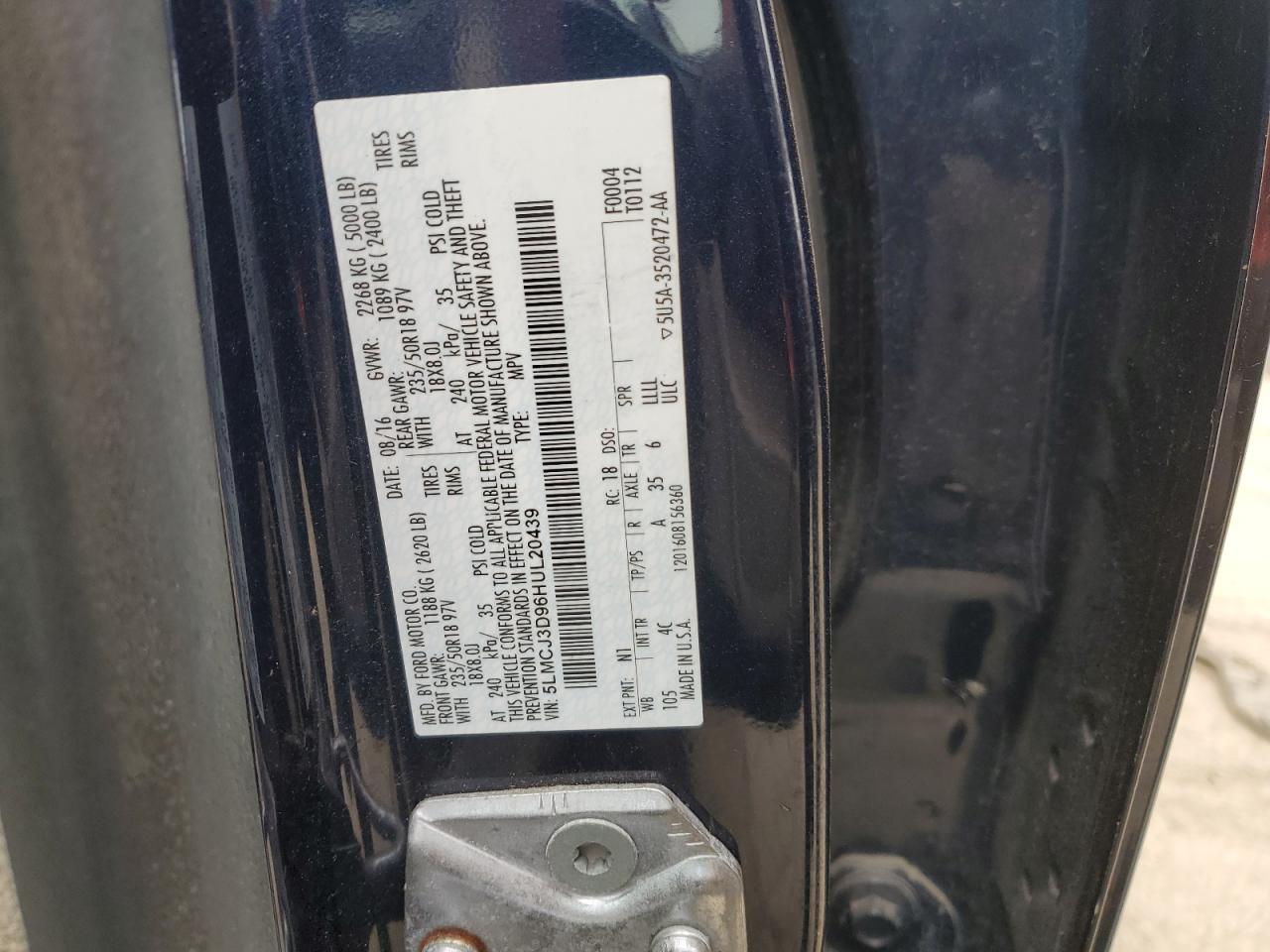 2017 Lincoln MKC VIN 5LMCJ3D96HUL20439 Copart auction photo, rear end damage thumbnail 12