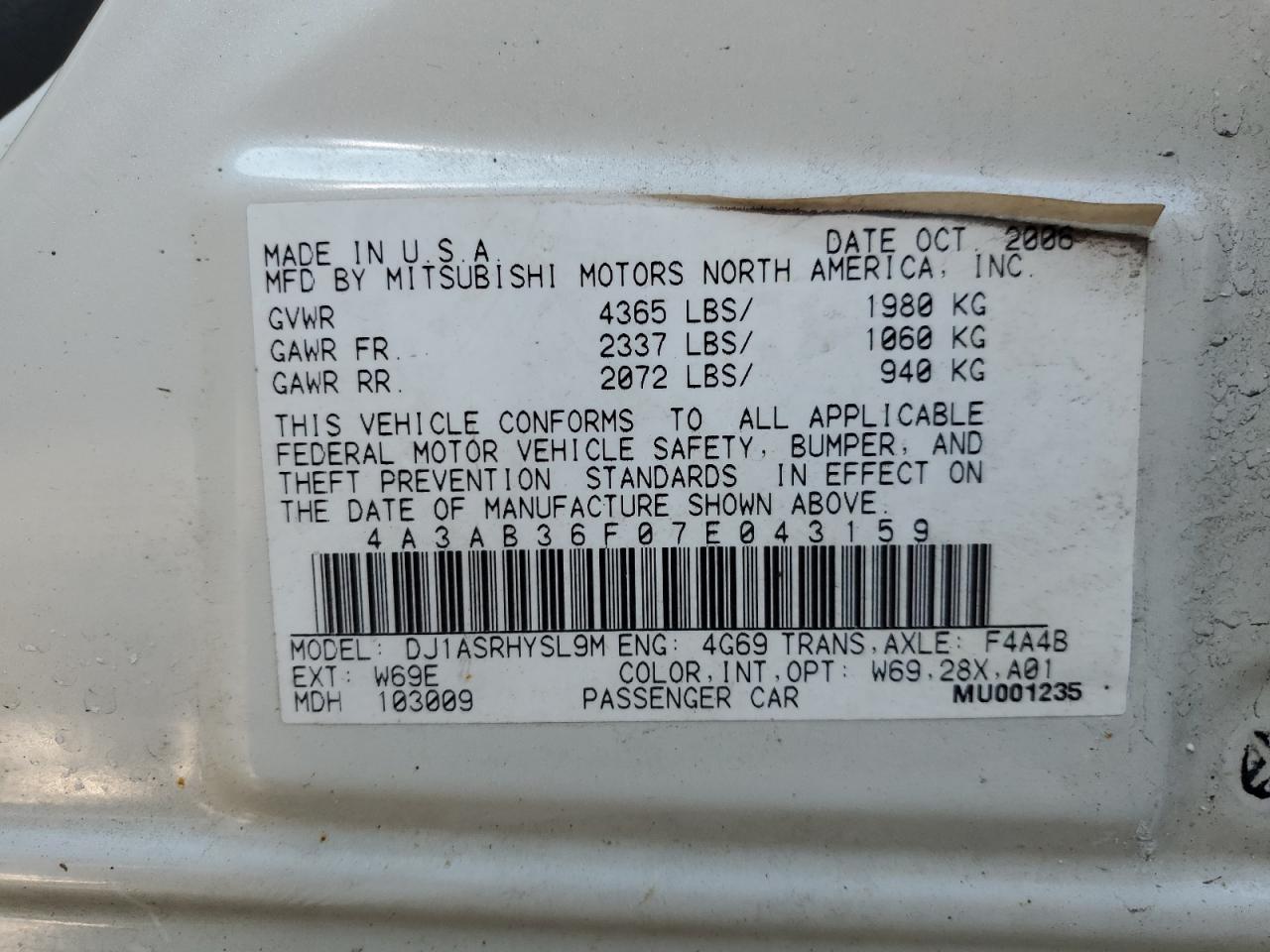 2007 Mitsubishi Galant VIN 4A3AB36F07E043159 Copart auction photo, front end / side damage thumbnail 13