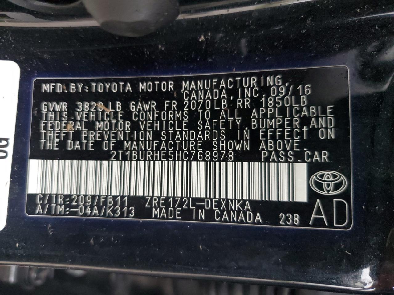 2017 Toyota Corolla VIN 2T1BURHE5HC768978 Copart auction photo, side / front end damage thumbnail 14