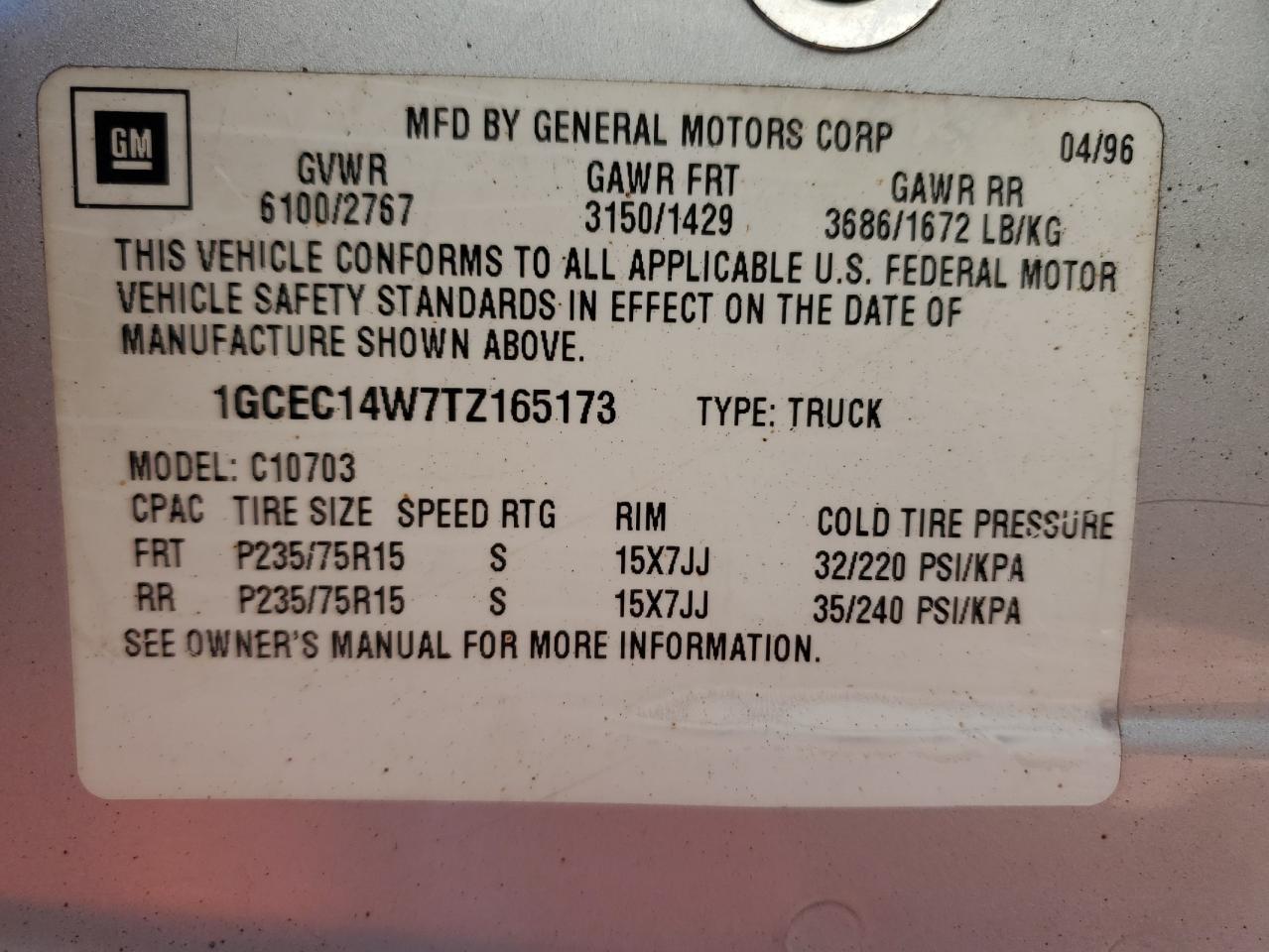 1996 Chevrolet GMT-400 VIN 1GCEC14W7TZ165173 Copart auction photo, rear end damage thumbnail 12