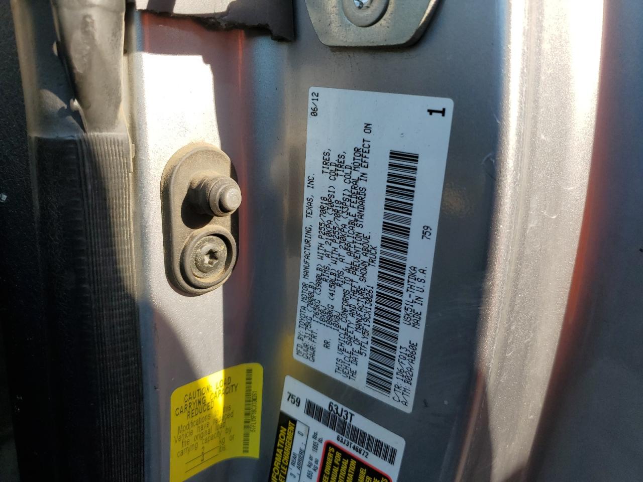 2012 Toyota Tundra VIN 5TFLY5F19CX130261 Copart auction photo, mechanical damage thumbnail 12