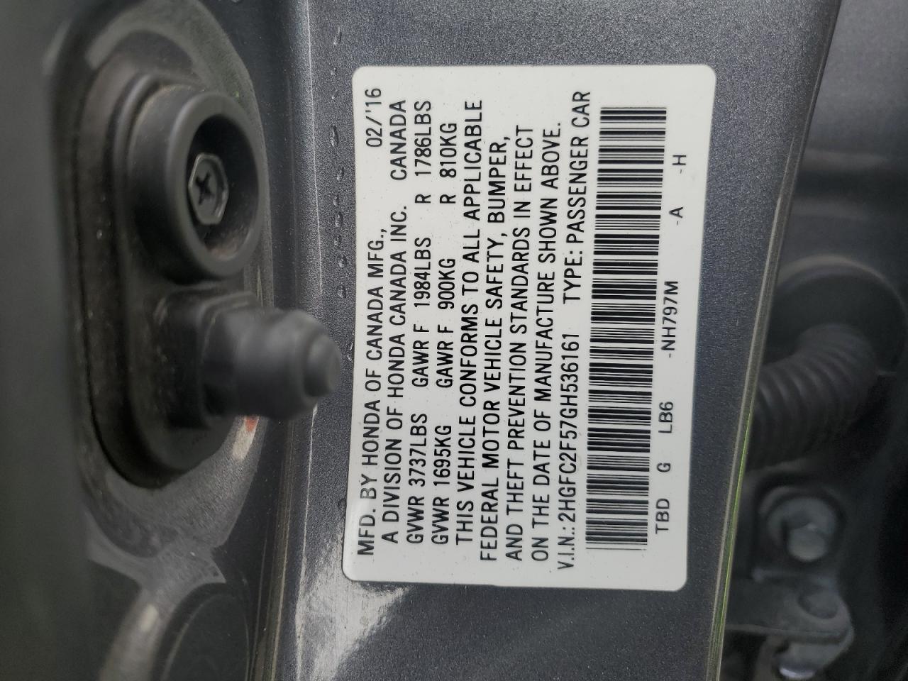 2016 Honda Civic VIN 2HGFC2F57GH536161 Copart auction photo, rear end damage thumbnail 12