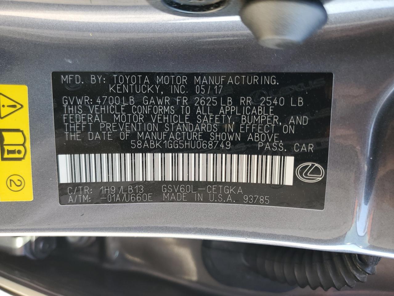 2017 Lexus ES VIN 58ABK1GG5HU068749 Copart auction photo, rear end / side damage thumbnail 12