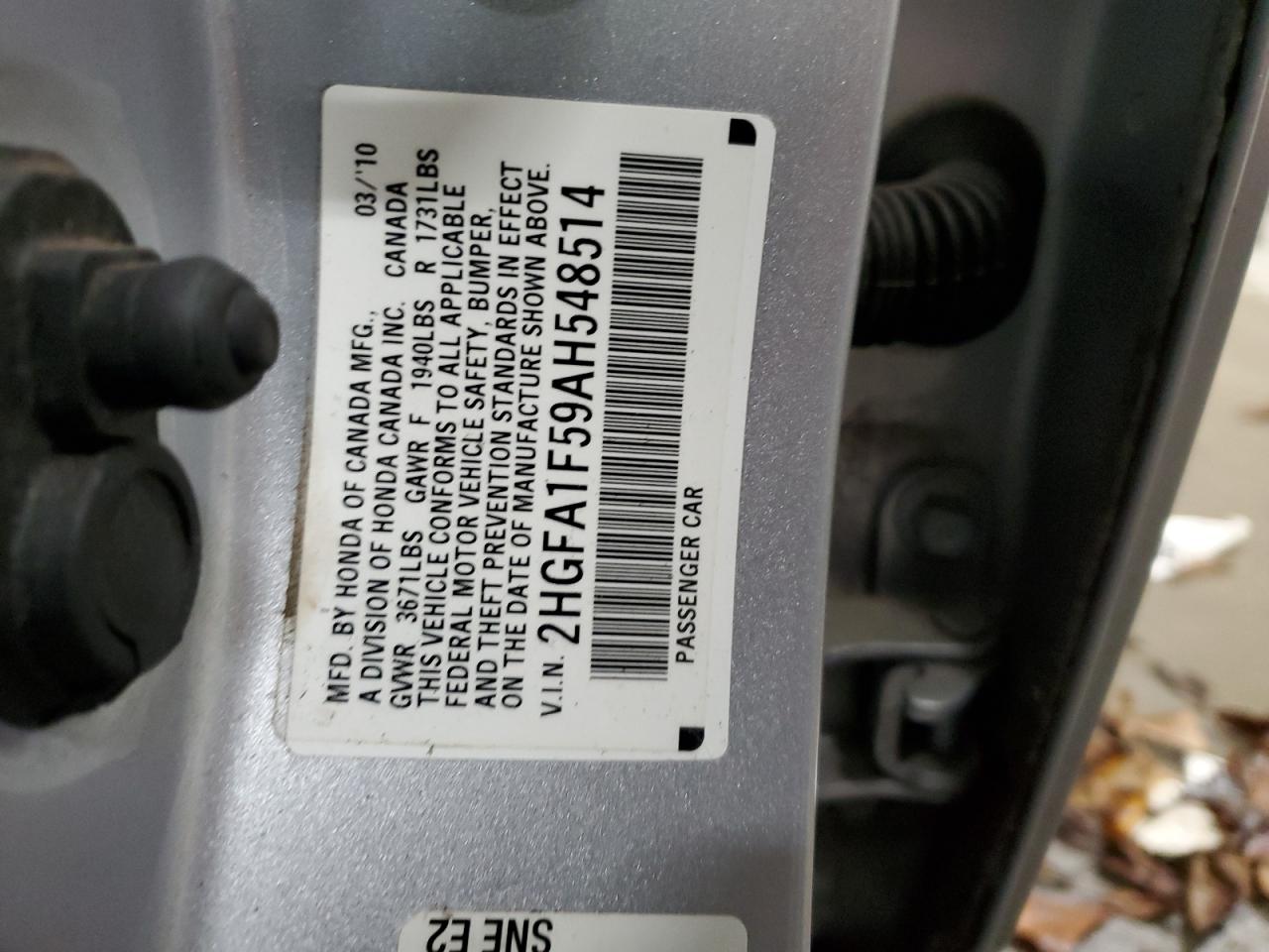 2010 Honda Civic VIN 2HGFA1F59AH548514 Copart auction photo, rollover damage thumbnail 13