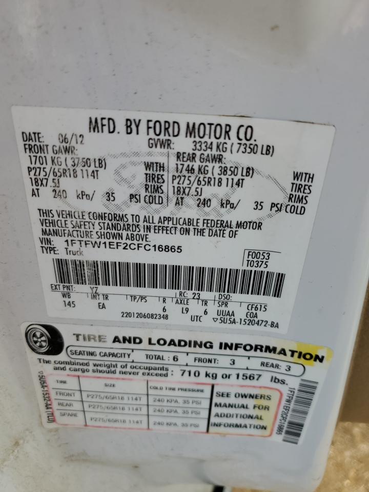 2012 Ford F-150 VIN 1FTFW1EF2CFC16865 Copart auction photo, rear end damage thumbnail 14
