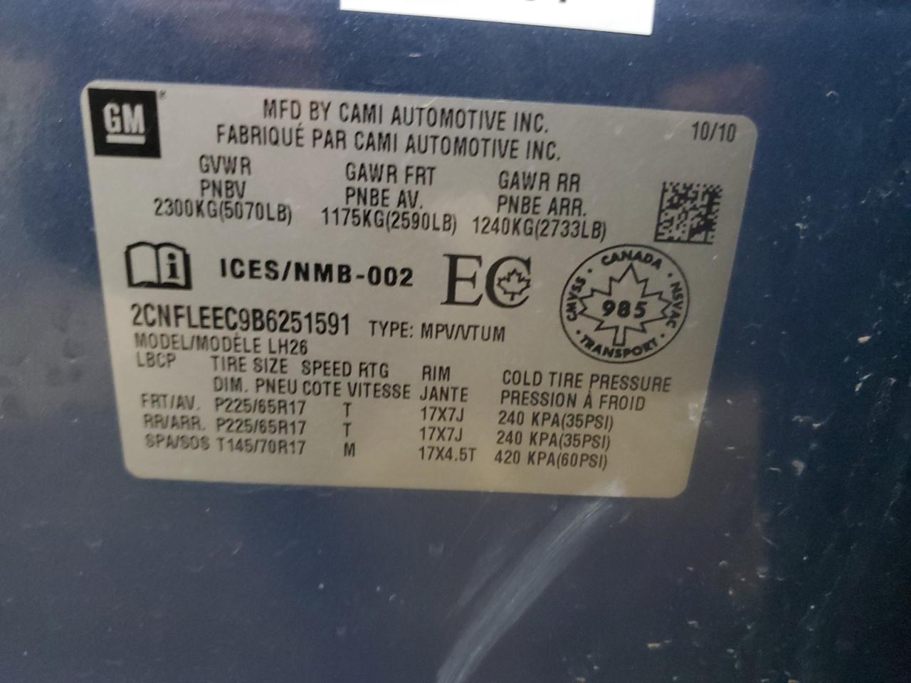 2011 Chevrolet Equinox VIN 2CNFLEEC9B6251591 Copart auction photo, side / front end damage thumbnail 13