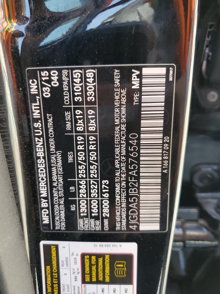 2015 Mercedes-Benz M-klasse VIN 4JGDA5JB2FA576540 Copart auction photo, front end damage thumbnail 13