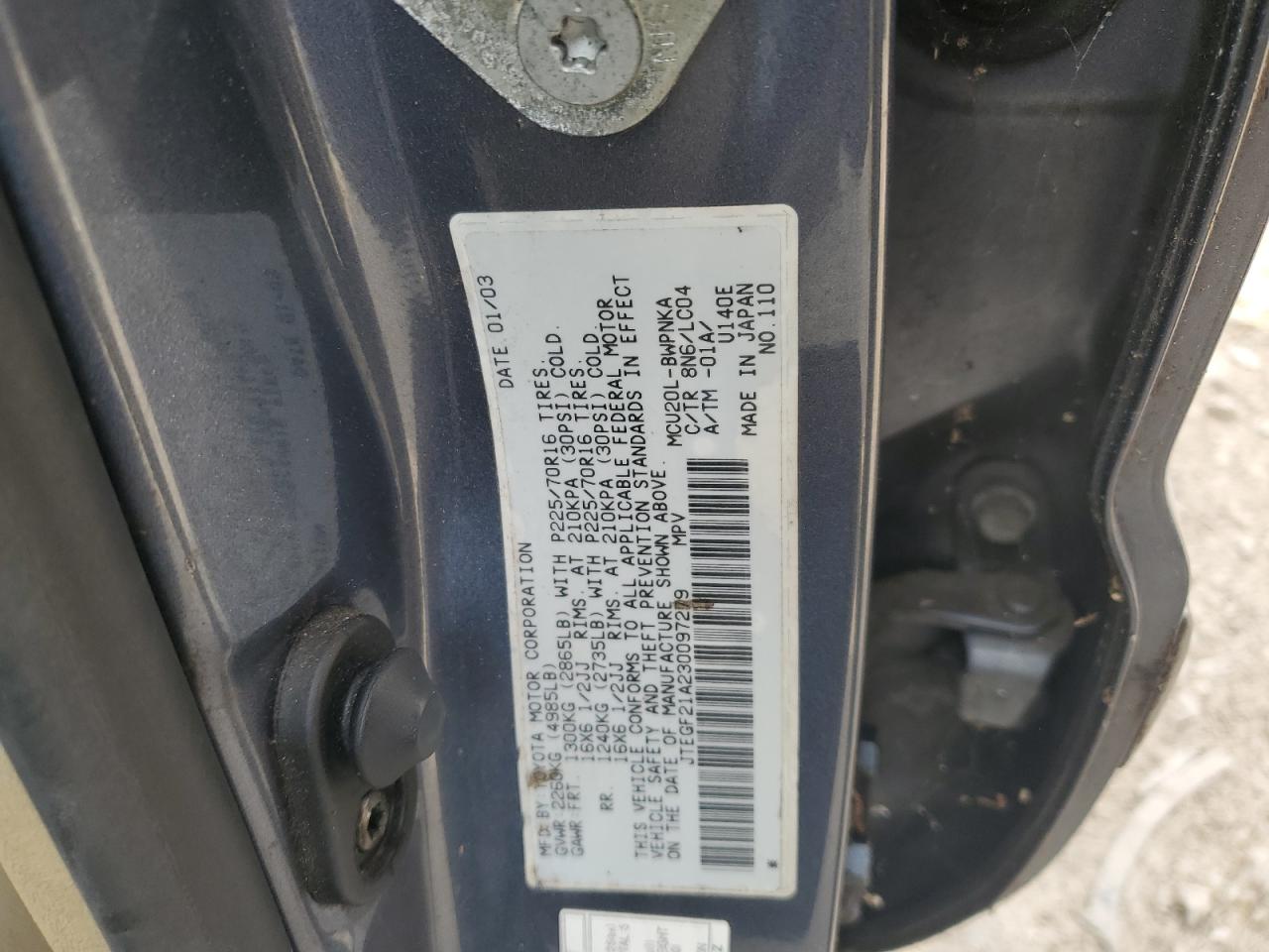2003 Toyota Highlander VIN JTEGF21A230097279 Copart auction photo, normal wear damage thumbnail 13