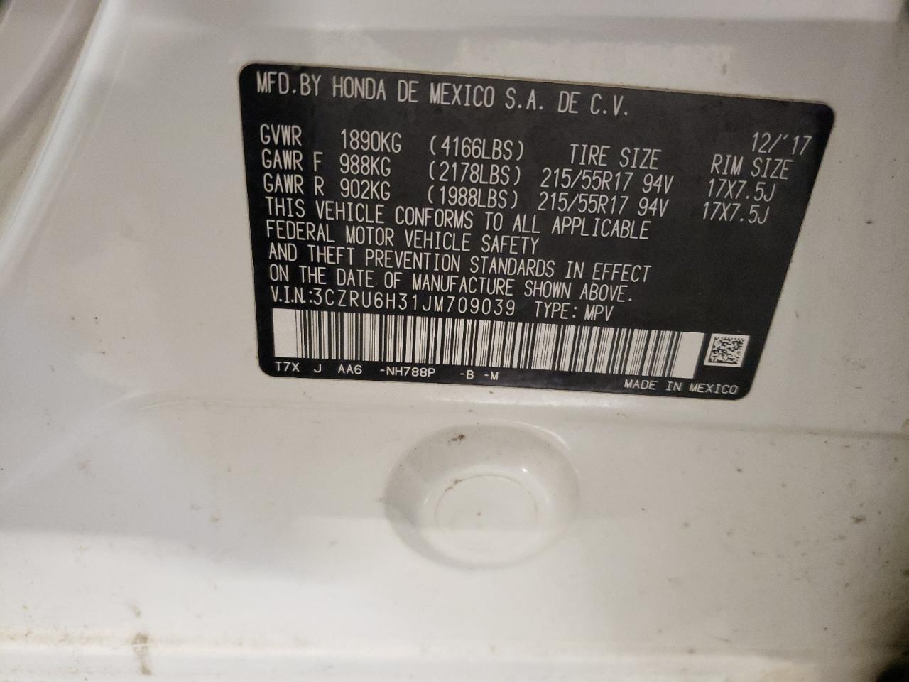 2018 Honda HR-V VIN 3CZRU6H31JM709039 Copart auction photo, front end / side damage thumbnail 12