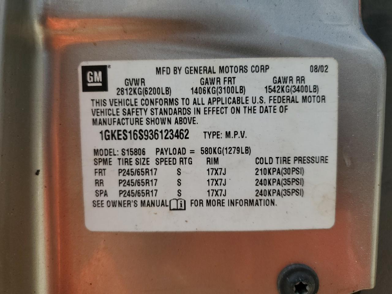 2003 GMC Envoy VIN 1GKES16S936123462 Copart auction photo, water/flood / front end damage thumbnail 14