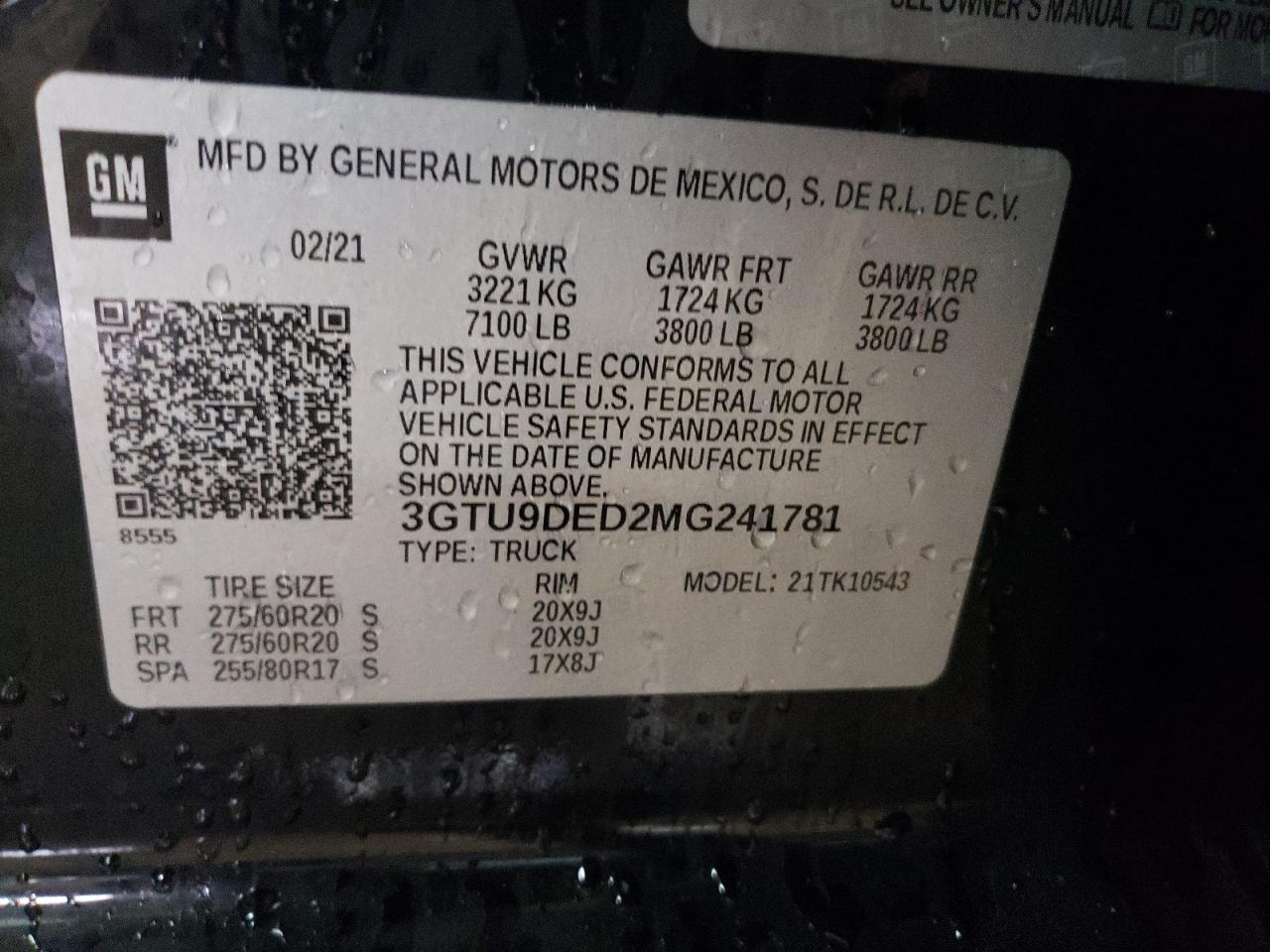 2021 GMC Sierra VIN 3GTU9DED2MG241781 Copart auction photo, front end damage thumbnail 13