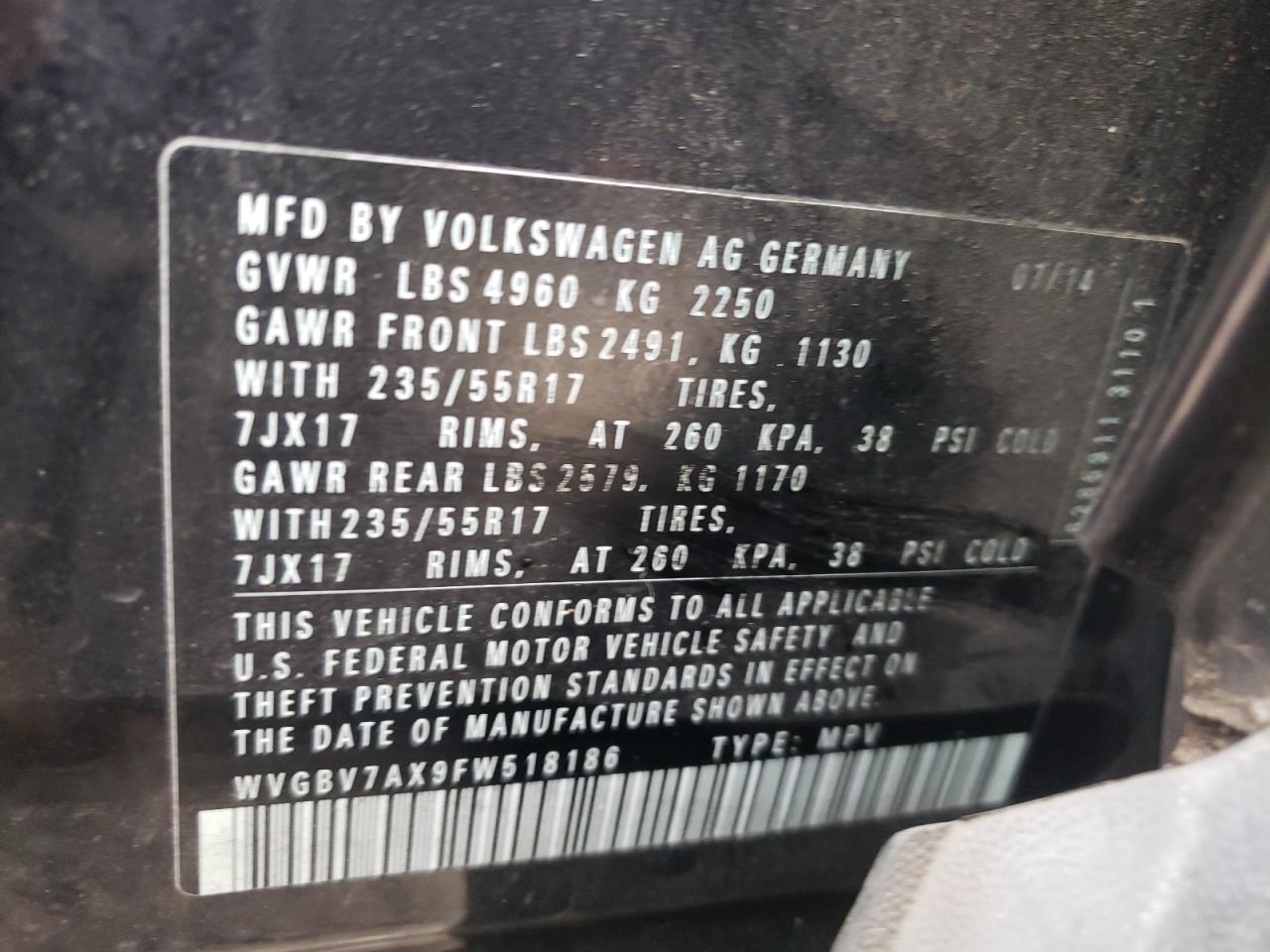 2015 Volkswagen Tiguan VIN WVGBV7AX9FW518186 Copart auction photo, rear end damage thumbnail 14