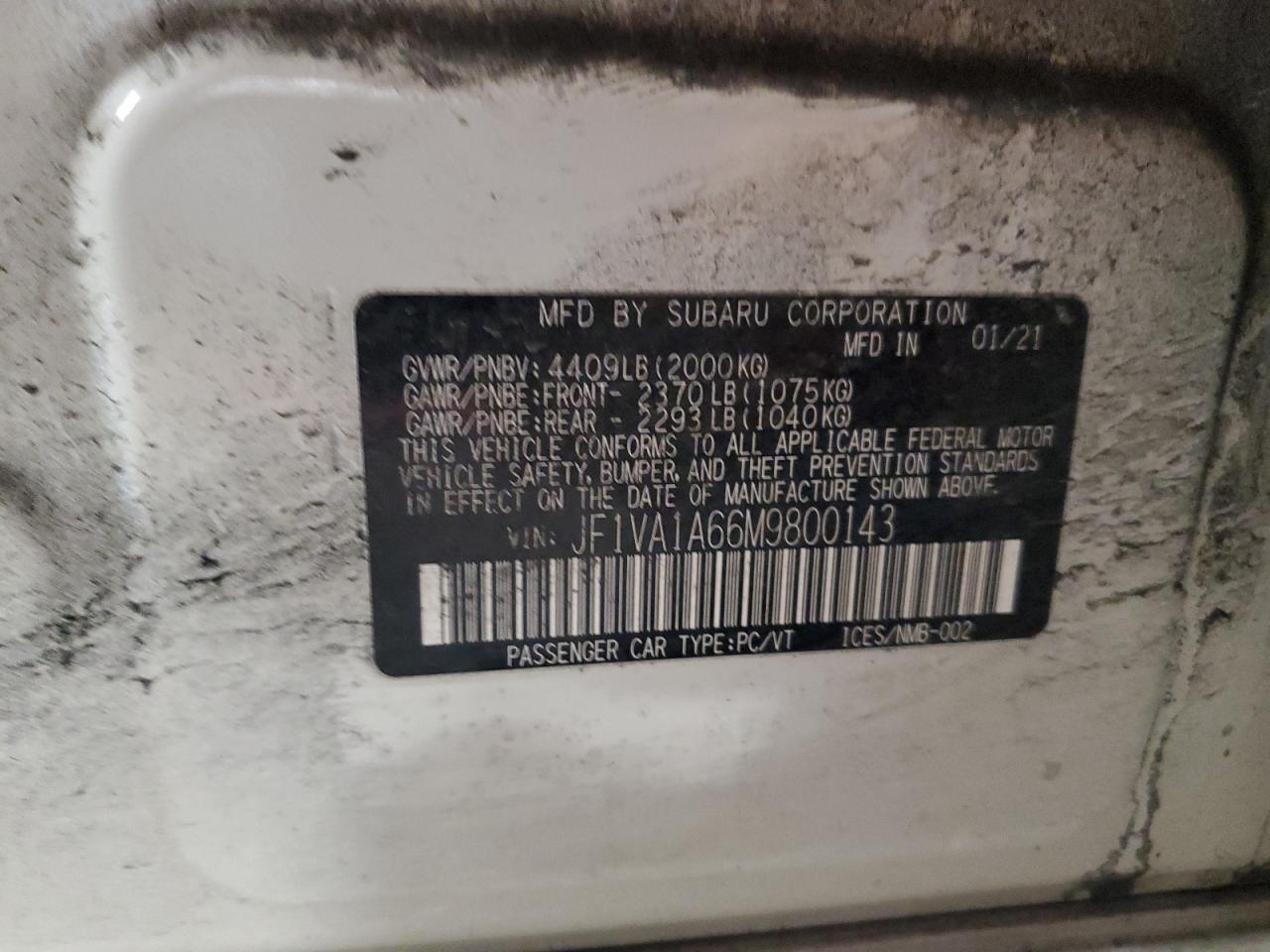 2021 Subaru WRX VIN JF1VA1A66M9800143 Copart auction photo, front end / undercarriage damage thumbnail 12
