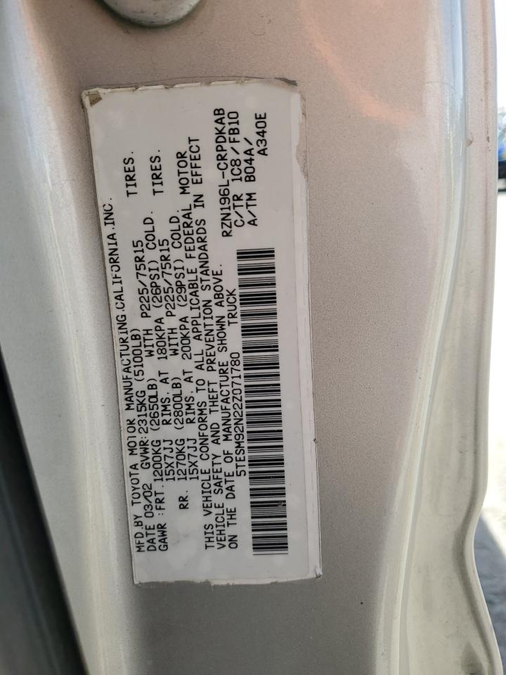 2002 Toyota Tacoma VIN 5TESM92N22Z071780 Copart auction photo, front end damage thumbnail 12