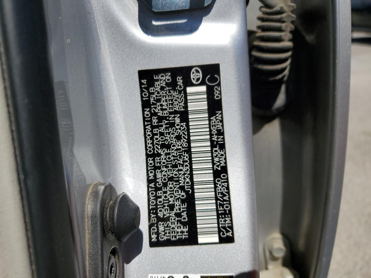 2015 Toyota Prius VIN JTDKN3DU6F1892234 Copart auction photo, front end / side damage thumbnail 12