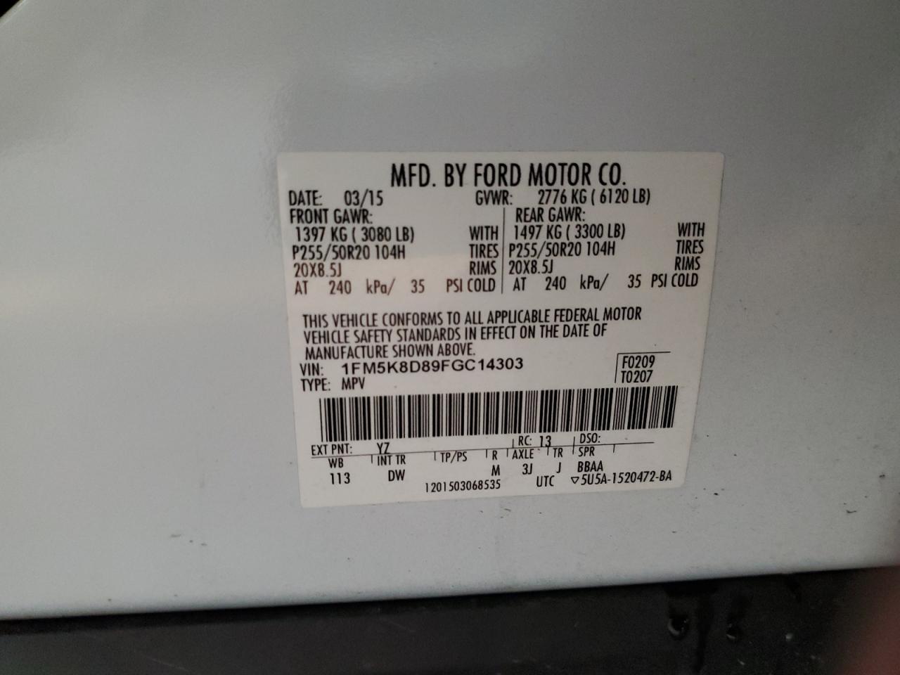 2015 Ford Explorer VIN 1FM5K8D89FGC14303 Copart auction photo, front end / minor dent/scratches damage thumbnail 15