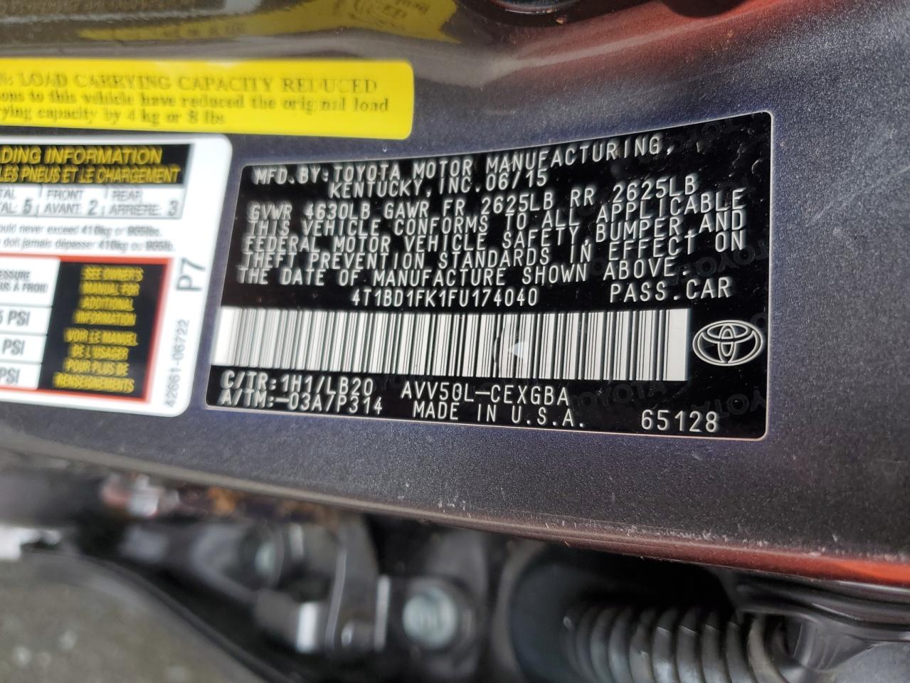 2015 Toyota Camry VIN 4T1BD1FK1FU174040 Copart auction photo, all over / top/roof damage thumbnail 14