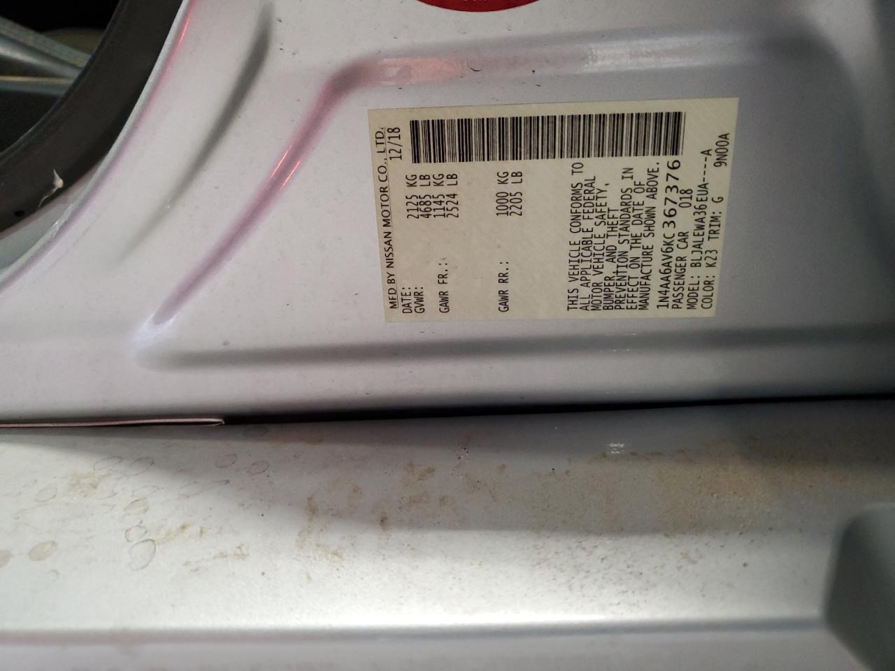 2019 Nissan Maxima VIN 1N4AA6AV6KC367376 Copart auction photo, front end damage thumbnail 15