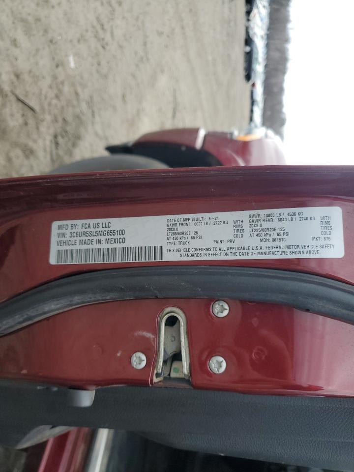 2021 RAM 2500 VIN 3C6UR5SL5MG655100 Copart auction photo, vandalism / mechanical damage thumbnail 12