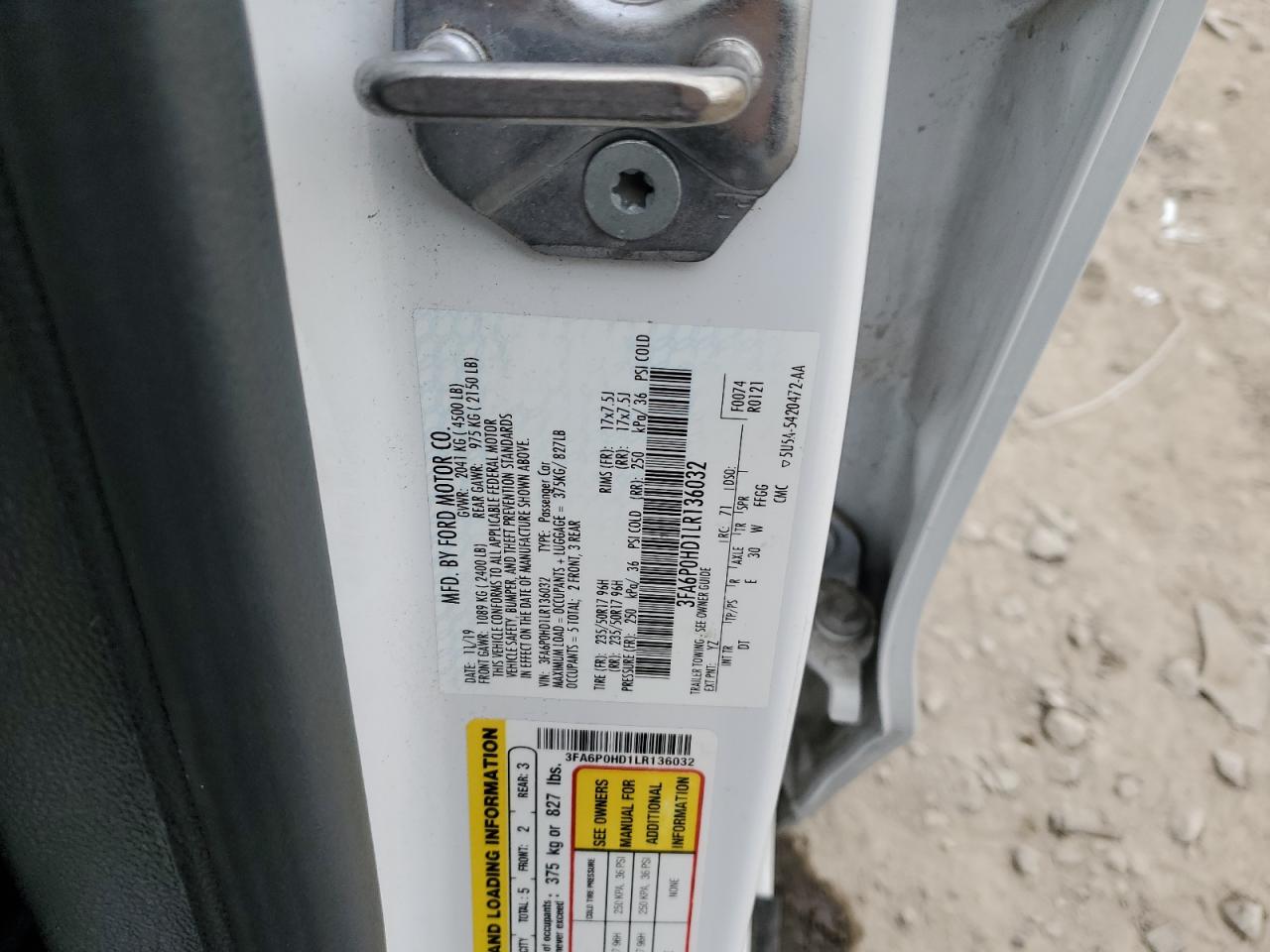 2020 Ford Fusion VIN 3FA6P0HD1LR136032 Copart auction photo, side damage thumbnail 14