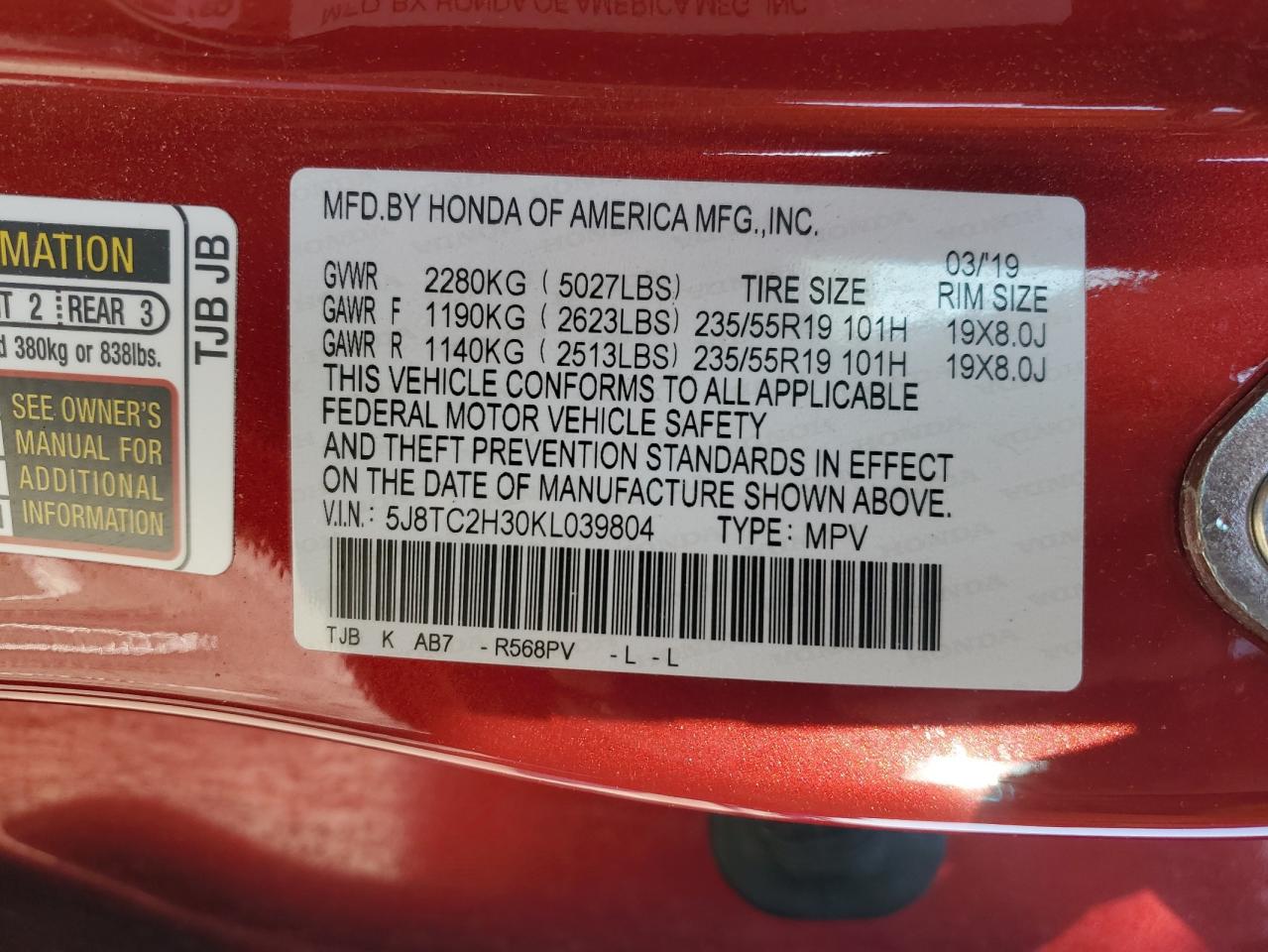 2019 Acura RDX VIN 5J8TC2H30KL039804 Copart auction photo, front end damage thumbnail 12