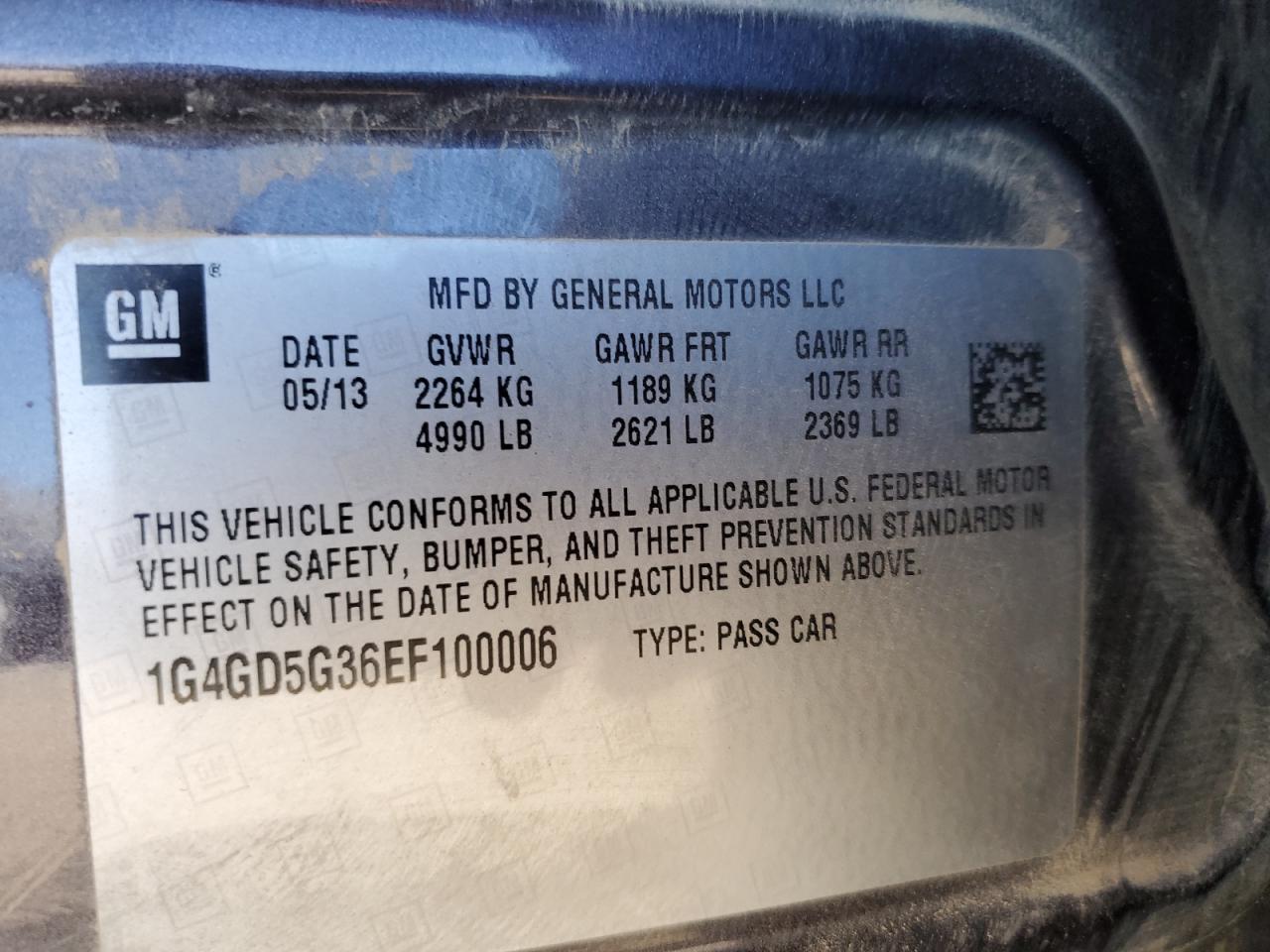 2014 Buick LaCrosse VIN 1G4GD5G36EF100006 Copart auction photo, front end / rear end damage thumbnail 15