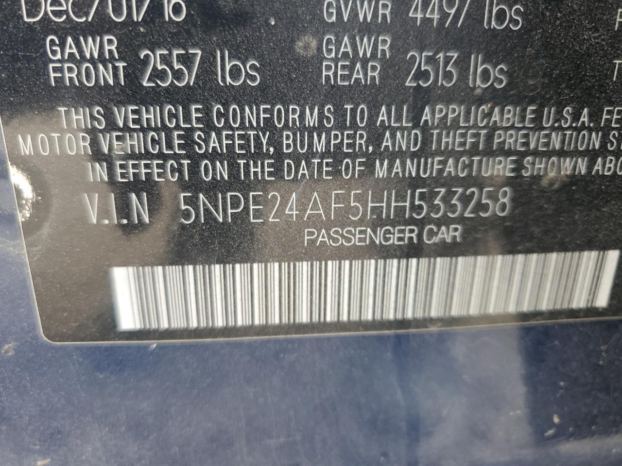 2017 Hyundai Sonata VIN 5NPE24AF5HH533258 Copart auction photo, all over / front end damage thumbnail 12