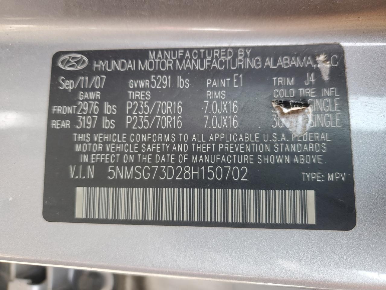 2008 Hyundai Santa Fe VIN 5NMSG73D28H150702 Copart auction photo, minor dent/scratches damage thumbnail 13